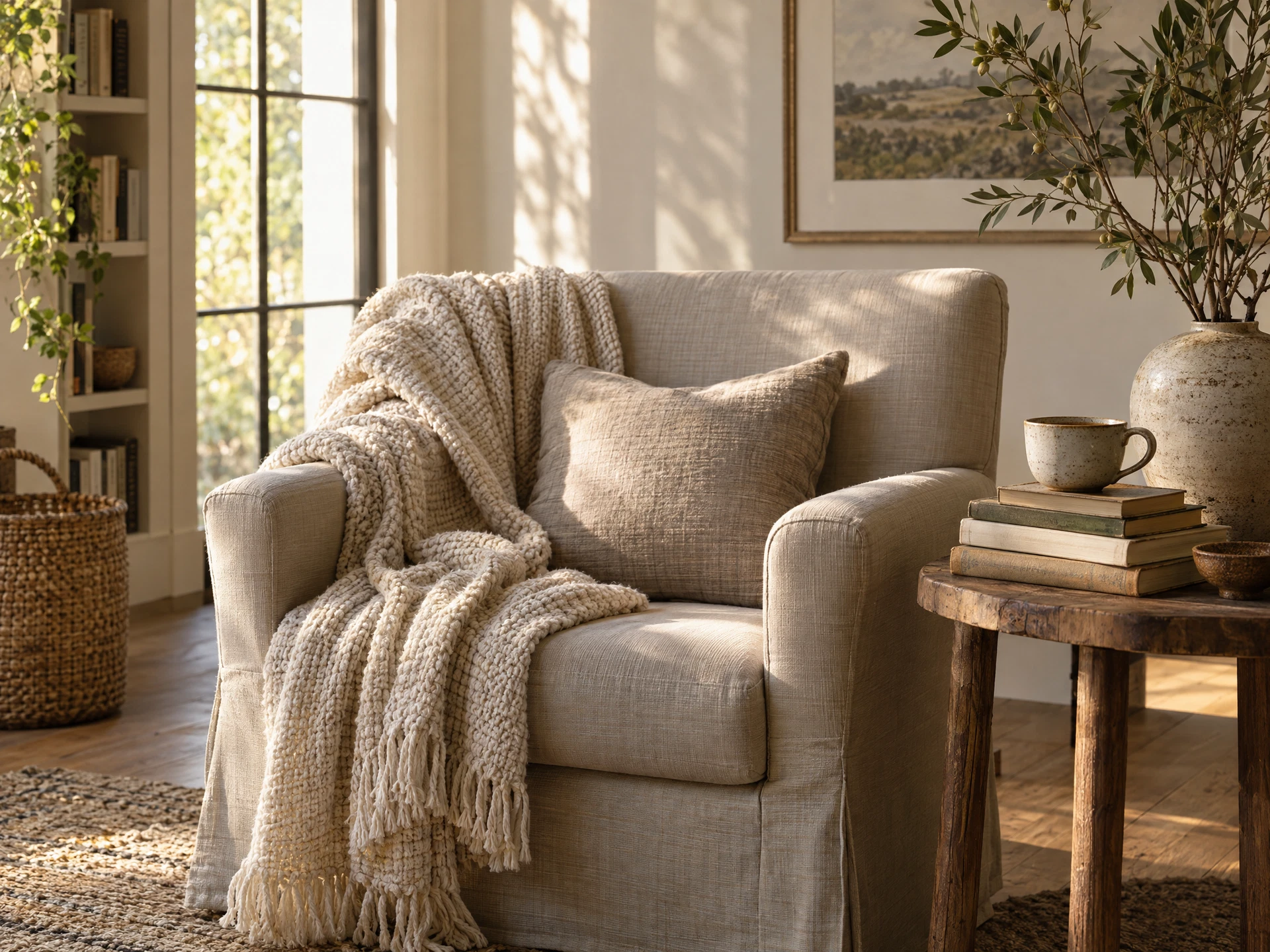 A sunlit reading corner with a linen chair and soft blanket
