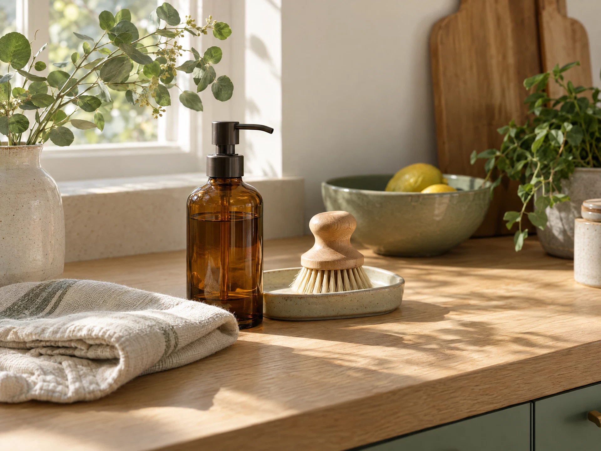 Useful kitchen essentials arranged on a pale oak counter