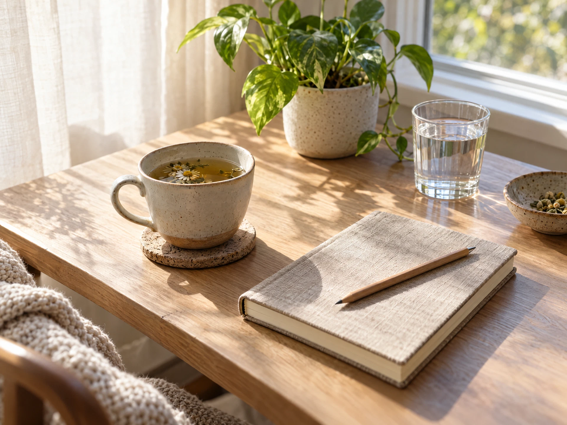 Herbal tea, a notebook, and a glass of water in morning light