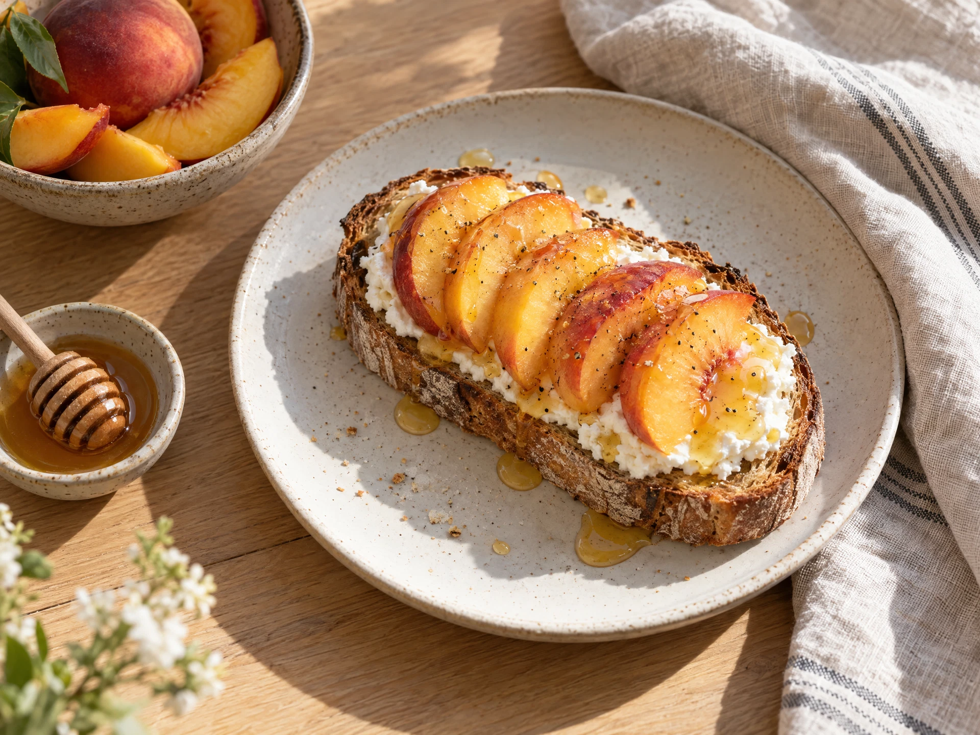 Peach and ricotta toast with honey on a ceramic plate